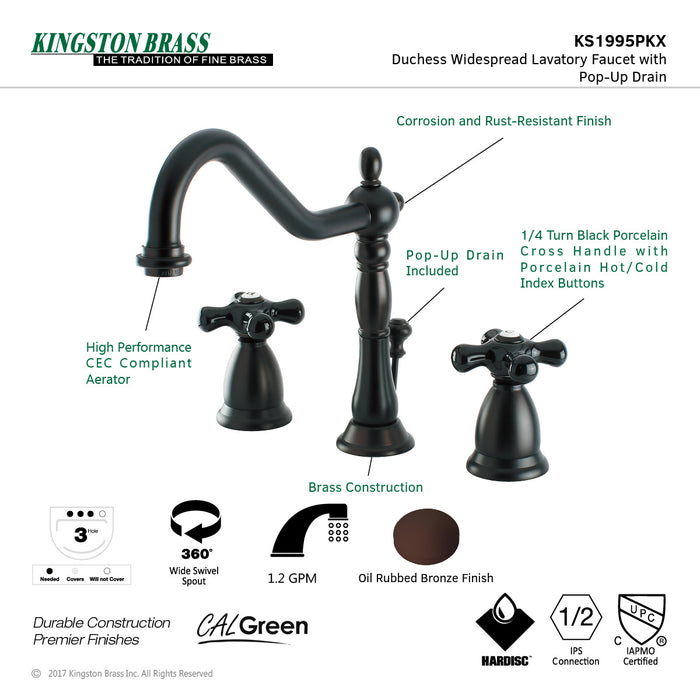 Duchess KS1995PKX Two-Handle 3-Hole Deck Mount Widespread Bathroom Faucet with Brass Pop-Up, Oil Rubbed Bronze