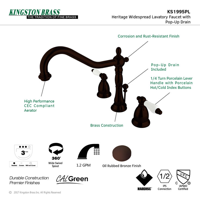 Heritage KS1995PL Two-Handle 3-Hole Deck Mount Widespread Bathroom Faucet with Brass Pop-Up, Oil Rubbed Bronze