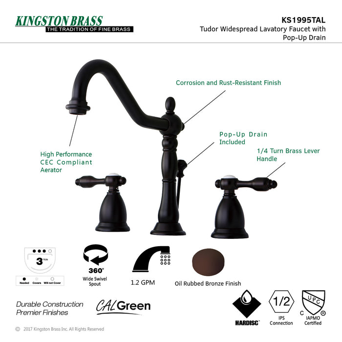 Tudor KS1995TAL Two-Handle 3-Hole Deck Mount Widespread Bathroom Faucet with Brass Pop-Up, Oil Rubbed Bronze