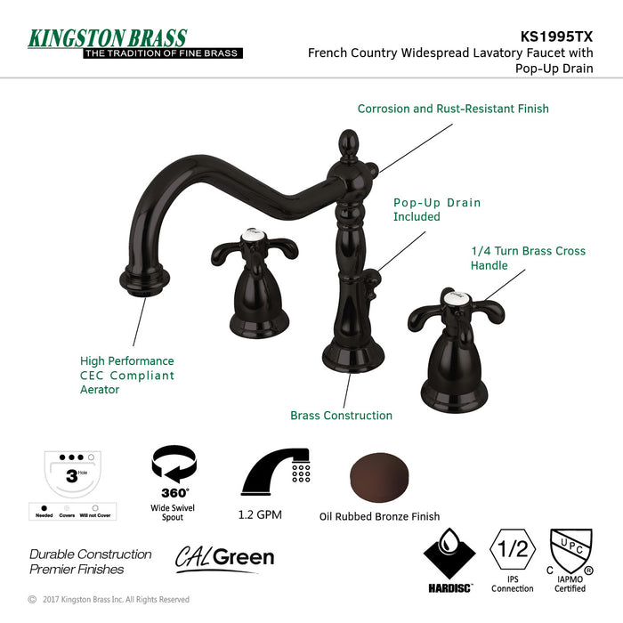 Kingston Heirloom KS1995TX - French Country Two-Handle 3-Hole Deck Mount Widespread Bathroom Faucet with Brass Pop-Up, Oil Rubbed Bronze