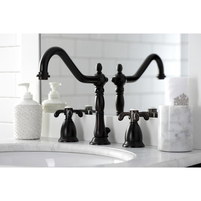 Kingston Heirloom KS1995TX - French Country Two-Handle 3-Hole Deck Mount Widespread Bathroom Faucet with Brass Pop-Up, Oil Rubbed Bronze