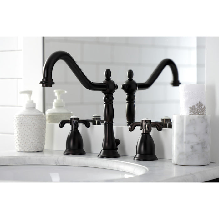 French Country KS1995TX Two-Handle 3-Hole Deck Mount Widespread Bathroom Faucet with Brass Pop-Up, Oil Rubbed Bronze