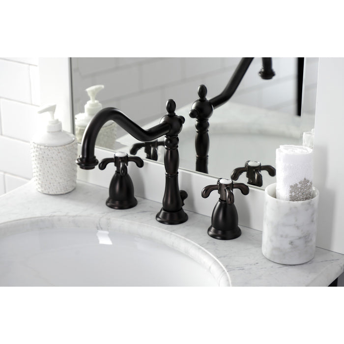 Kingston Heirloom KS1995TX - French Country Two-Handle 3-Hole Deck Mount Widespread Bathroom Faucet with Brass Pop-Up, Oil Rubbed Bronze