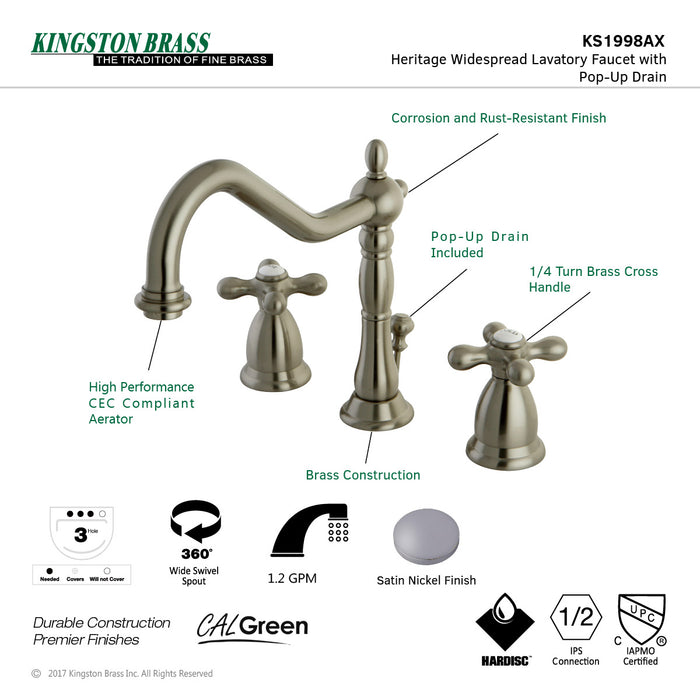 Heritage KS1998AX Two-Handle 3-Hole Deck Mount Widespread Bathroom Faucet with Brass Pop-Up, Brushed Nickel