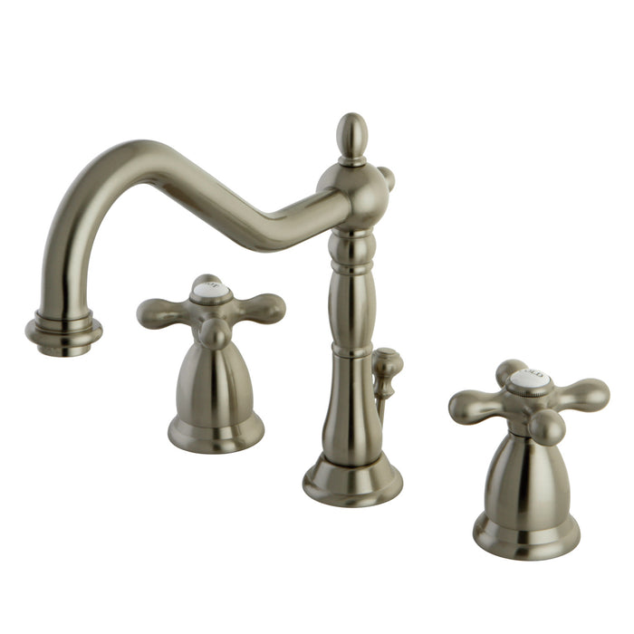 Heritage KS1998AX Two-Handle 3-Hole Deck Mount Widespread Bathroom Faucet with Brass Pop-Up, Brushed Nickel
