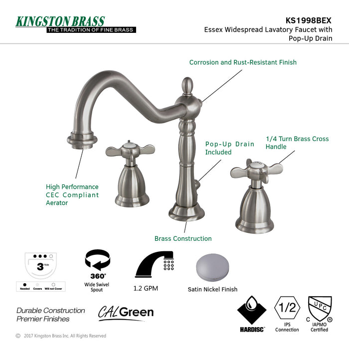 Essex KS1998BEX Two-Handle 3-Hole Deck Mount Widespread Bathroom Faucet with Brass Pop-Up, Brushed Nickel