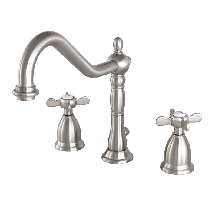 Essex KS1998BEX Two-Handle 3-Hole Deck Mount Widespread Bathroom Faucet with Brass Pop-Up, Brushed Nickel