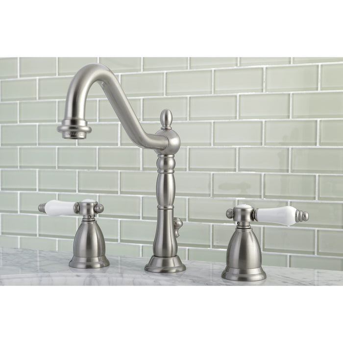 Bel-Air KS1998BPL Two-Handle 3-Hole Deck Mount Widespread Bathroom Faucet with Brass Pop-Up, Brushed Nickel