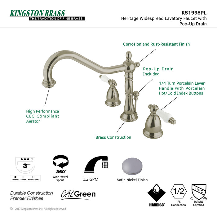 Heritage KS1998PL Two-Handle 3-Hole Deck Mount Widespread Bathroom Faucet with Brass Pop-Up, Brushed Nickel