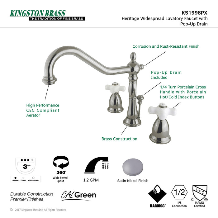 Kingston Heirloom KS1998PX - Heritage Two-Handle 3-Hole Deck Mount Widespread Bathroom Faucet with Brass Pop-Up, Brushed Nickel