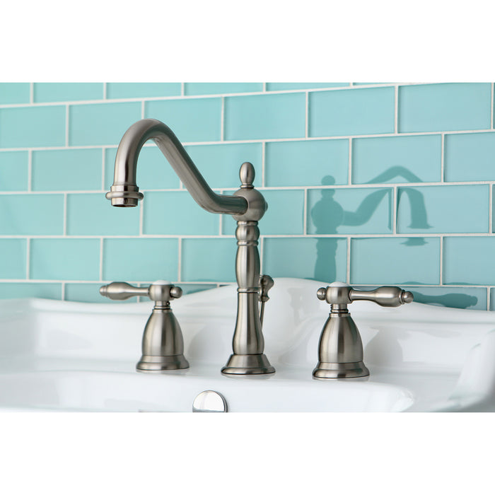 Tudor KS1998TAL Two-Handle 3-Hole Deck Mount Widespread Bathroom Faucet with Brass Pop-Up, Brushed Nickel