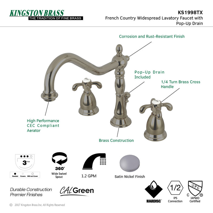 Kingston Heirloom KS1998TX - French Country Two-Handle 3-Hole Deck Mount Widespread Bathroom Faucet with Brass Pop-Up, Brushed Nickel