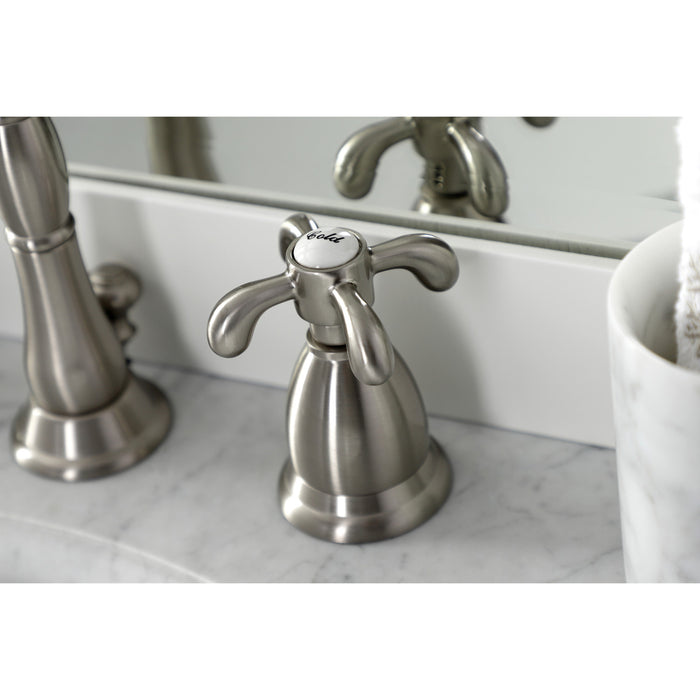 Kingston Heirloom KS1998TX - French Country Two-Handle 3-Hole Deck Mount Widespread Bathroom Faucet with Brass Pop-Up, Brushed Nickel