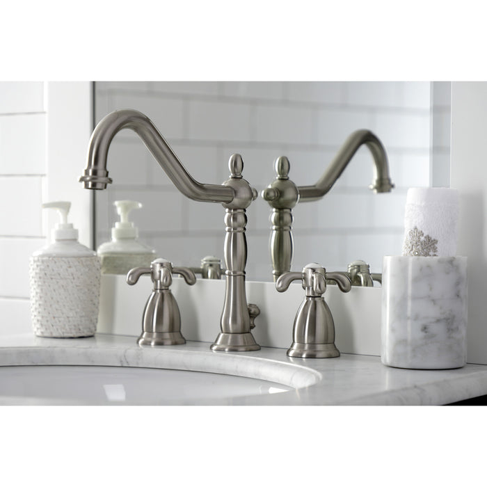 French Country KS1998TX Two-Handle 3-Hole Deck Mount Widespread Bathroom Faucet with Brass Pop-Up, Brushed Nickel
