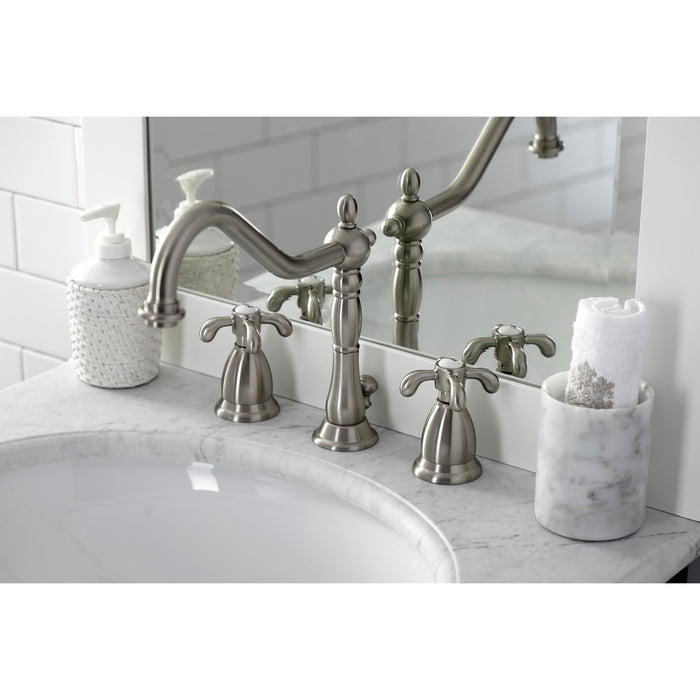 Kingston Heirloom KS1998TX - French Country Two-Handle 3-Hole Deck Mount Widespread Bathroom Faucet with Brass Pop-Up, Brushed Nickel