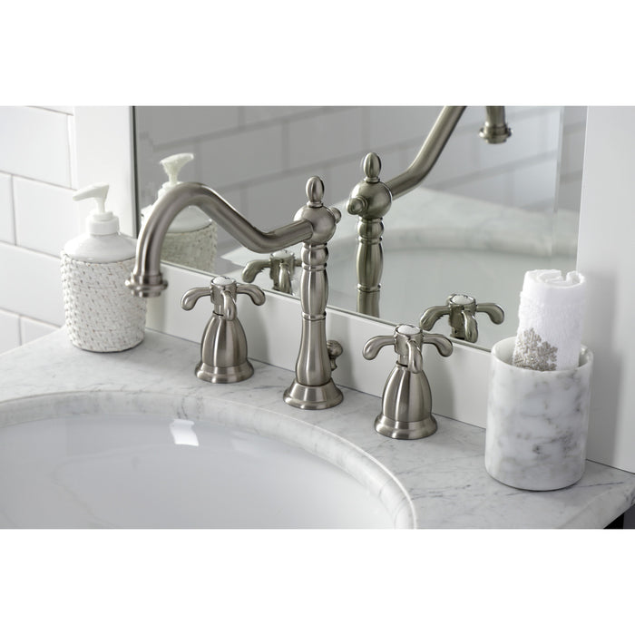 French Country KS1998TX Two-Handle 3-Hole Deck Mount Widespread Bathroom Faucet with Brass Pop-Up, Brushed Nickel