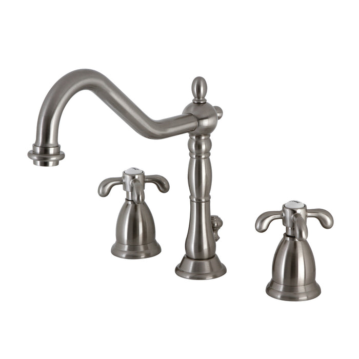 Kingston Heirloom KS1998TX - French Country Two-Handle 3-Hole Deck Mount Widespread Bathroom Faucet with Brass Pop-Up, Brushed Nickel