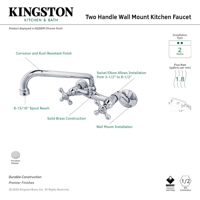 KS200M Two-Handle 2-Hole Wall Mount Kitchen Faucet, Polished Chrome