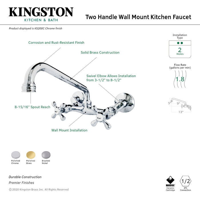 Kingston KS200SN Two-Handle 2-Hole Wall Mount Kitchen Faucet, Brushed Nickel