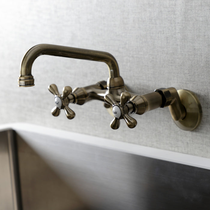 Kingston Heirloom KS213AB - Kingston Two-Handle 2-Hole Wall Mount Bridge Kitchen Faucet, Antique Brass