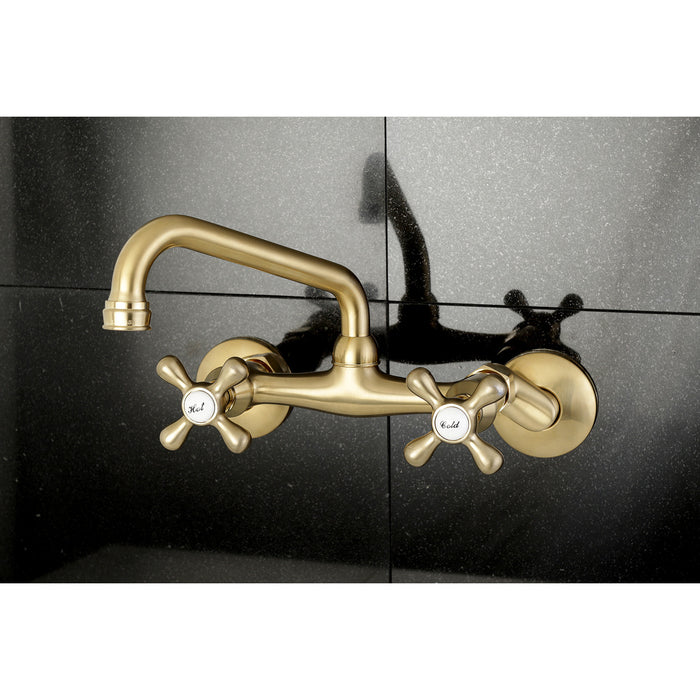 Kingston KS213SB Double-Handle 2-Hole Wall-Mount Bridge Kitchen Faucet, Brushed Brass