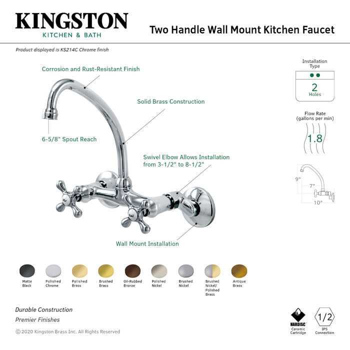 Kingston Heirloom KS214AB - Kingston Two-Handle 2-Hole Wall Mount Bridge Kitchen Faucet, Antique Brass