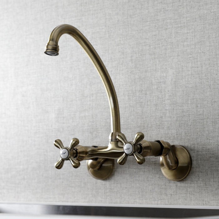 Kingston KS214AB Two-Handle 2-Hole Wall Mount Kitchen Faucet, Antique Brass