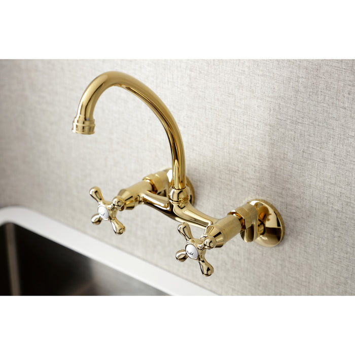 Kingston KS214PB Two-Handle 2-Hole Wall Mount Kitchen Faucet, Polished Brass