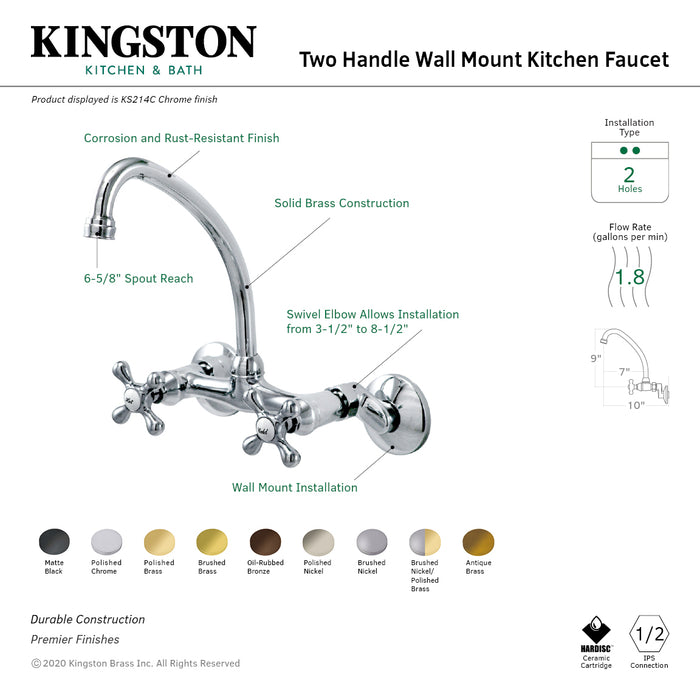Kingston KS214SB Two-Handle 2-Hole Wall Mount Kitchen Faucet, Brushed Brass