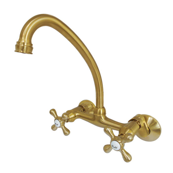 Kingston KS214SB Double-Handle 2-Hole Wall-Mount Bridge Kitchen Faucet, Brushed Brass