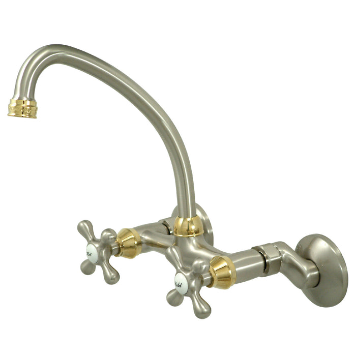 Kingston Heirloom KS214SNPB - Kingston Two-Handle 2-Hole Wall Mount Bridge Kitchen Faucet, Brushed Nickel/Polished Brass