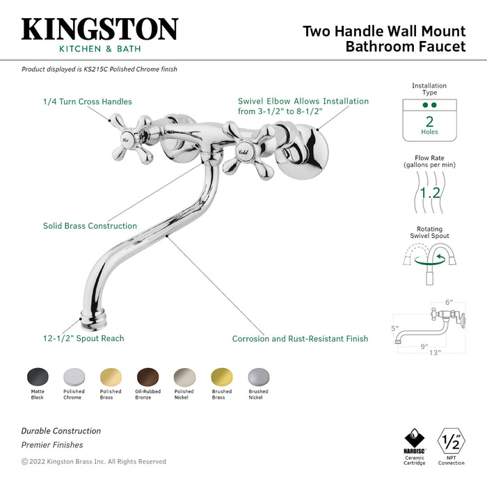 Kingston KS215C Two-Handle 2-Hole Wall Mount Bathroom Faucet, Polished Chrome
