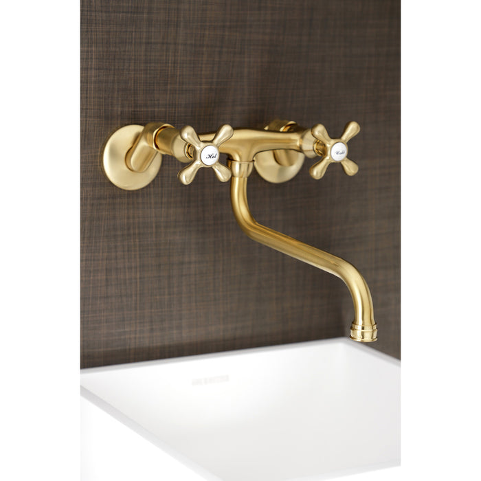 Kingston Heirloom KS215SB - Kingston Double-Handle 2-Hole Wall Mount Bathroom Faucet, Brushed Brass
