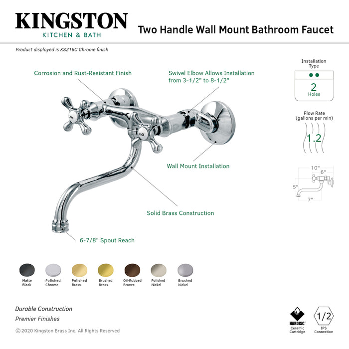 Kingston Heirloom KS216SN - Kingston Double-Handle 2-Hole Wall Mount Bathroom Faucet, Brushed Nickel