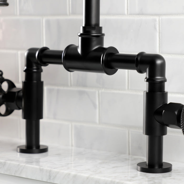 Kingston Sona KS2170RKX - Webb Two-Handle 2-Hole Deck Mount Bridge Bathroom Faucet with Knurled Handle and Push Pop-Up Drain, Matte Black