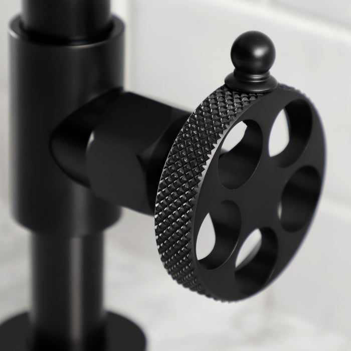 Kingston Sona KS2170RKX - Webb Two-Handle 2-Hole Deck Mount Bridge Bathroom Faucet with Knurled Handle and Push Pop-Up Drain, Matte Black
