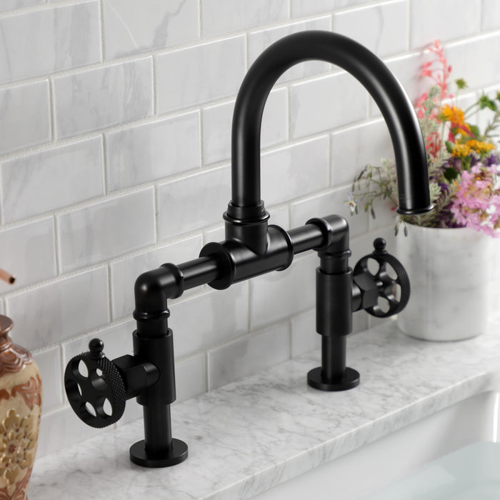 Kingston Sona KS2170RKX - Webb Two-Handle 2-Hole Deck Mount Bridge Bathroom Faucet with Knurled Handle and Push Pop-Up Drain, Matte Black