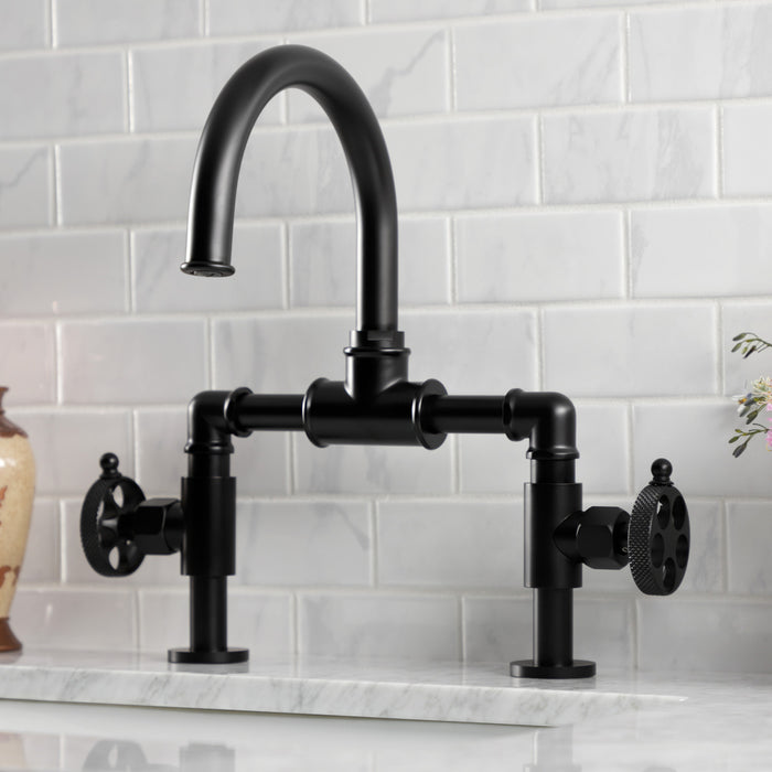 Kingston Sona KS2170RKX - Webb Two-Handle 2-Hole Deck Mount Bridge Bathroom Faucet with Knurled Handle and Push Pop-Up Drain, Matte Black