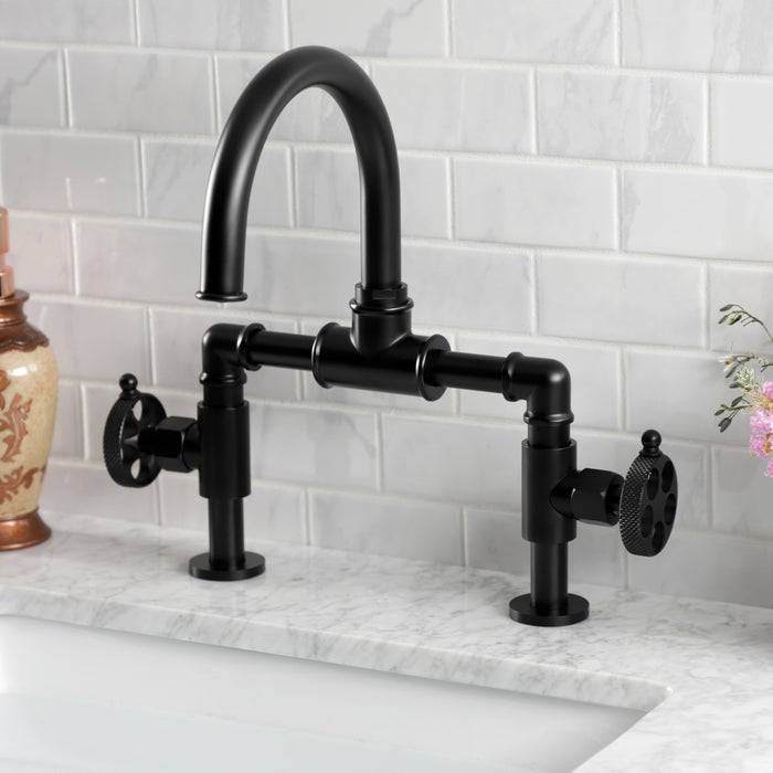Kingston Sona KS2170RKX - Webb Two-Handle 2-Hole Deck Mount Bridge Bathroom Faucet with Knurled Handle and Push Pop-Up Drain, Matte Black