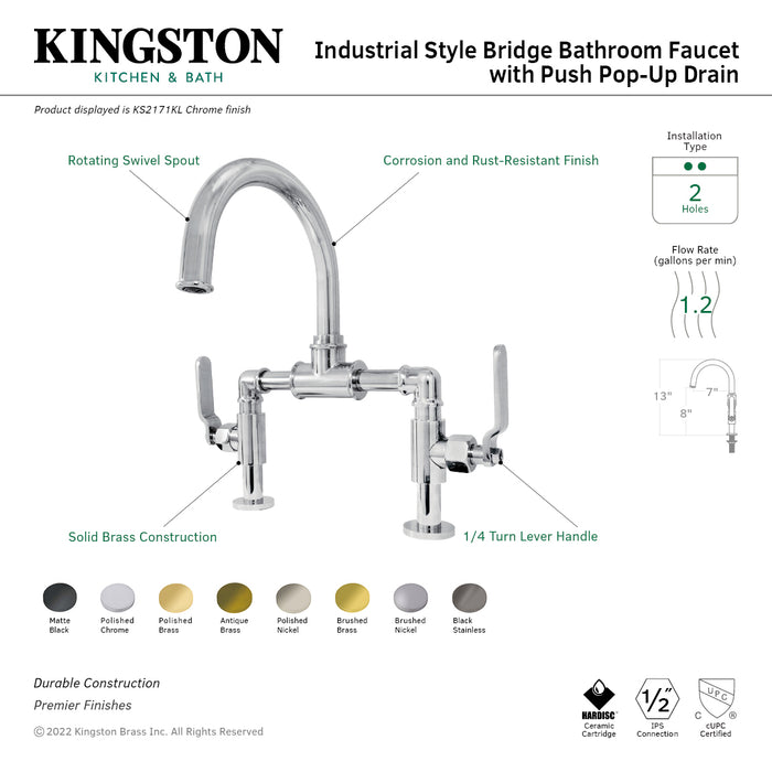 Whitaker KS2171KL Two-Handle 2-Hole Deck Mount Bridge Bathroom Faucet with Pop-Up Drain, Polished Chrome