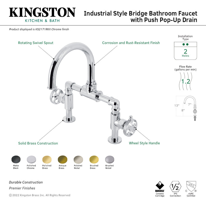 Webb KS2171RKX Two-Handle 2-Hole Deck Mount Bridge Bathroom Faucet with Knurled Handle and Push Pop-Up Drain, Polished Chrome