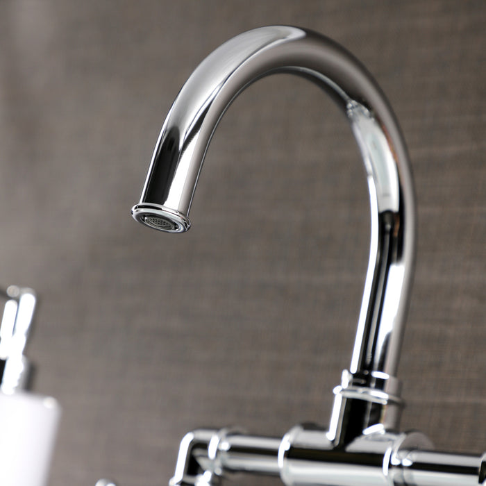 Kingston Sona KS2171RKX - Webb Two-Handle 2-Hole Deck Mount Bridge Bathroom Faucet with Knurled Handle and Push Pop-Up Drain, Polished Chrome