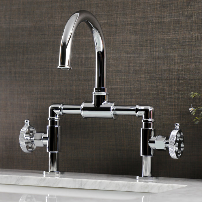 Kingston Sona KS2171RKX - Webb Two-Handle 2-Hole Deck Mount Bridge Bathroom Faucet with Knurled Handle and Push Pop-Up Drain, Polished Chrome