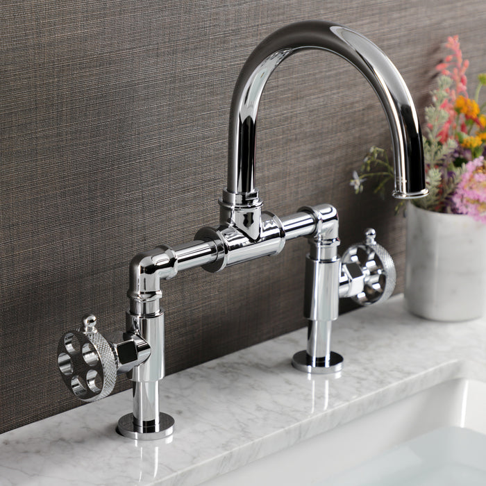 Kingston Sona KS2171RKX - Webb Two-Handle 2-Hole Deck Mount Bridge Bathroom Faucet with Knurled Handle and Push Pop-Up Drain, Polished Chrome