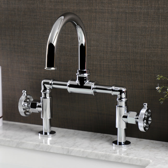 Kingston Sona KS2171RKX - Webb Two-Handle 2-Hole Deck Mount Bridge Bathroom Faucet with Knurled Handle and Push Pop-Up Drain, Polished Chrome