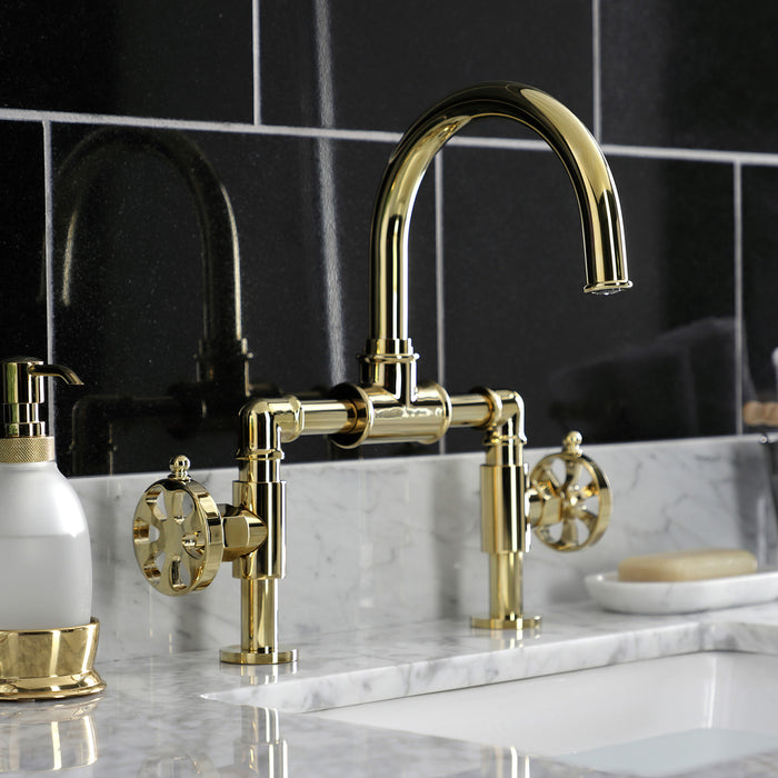 Belknap KS2172RX Two-Handle 2-Hole Deck Mount Bridge Bathroom Faucet with Pop-Up Drain, Polished Brass