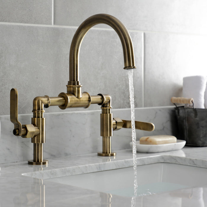Whitaker KS2173KL Two-Handle 2-Hole Deck Mount Bridge Bathroom Faucet with Pop-Up Drain, Antique Brass