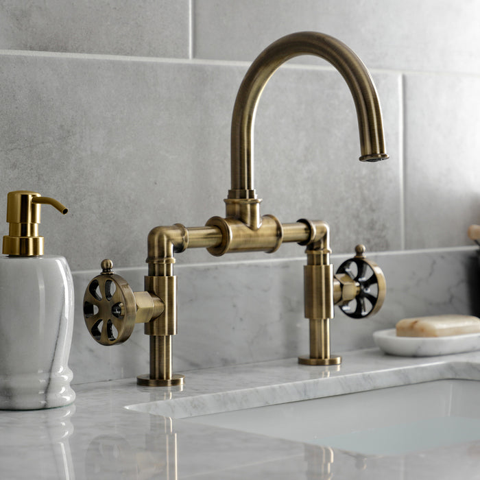 Belknap KS2173RX Two-Handle 2-Hole Deck Mount Bridge Bathroom Faucet with Pop-Up Drain, Antique Brass