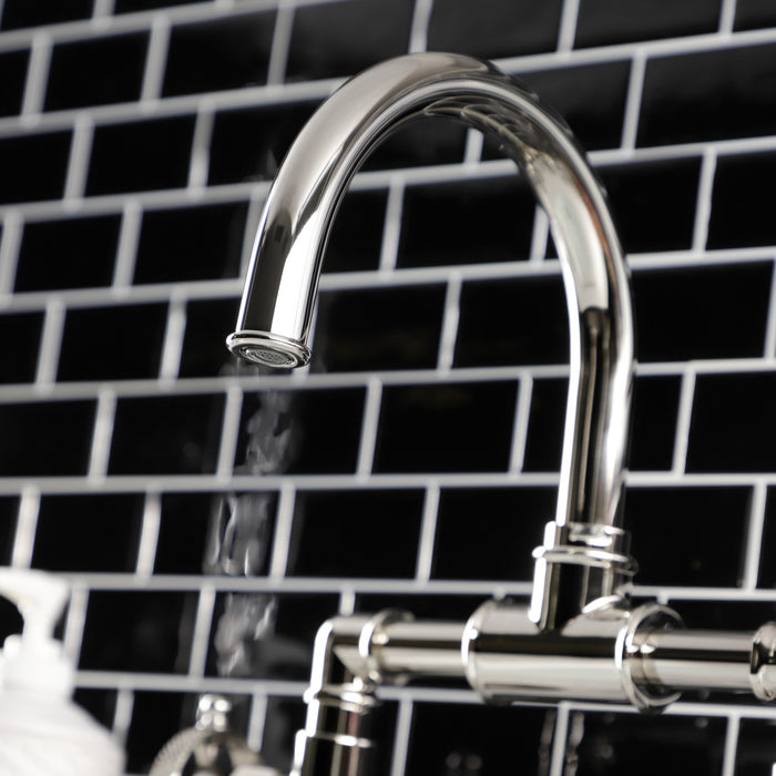 Kingston Sona KS2176RKX - Webb Two-Handle 2-Hole Deck Mount Bridge Bathroom Faucet with Knurled Handle and Push Pop-Up Drain, Polished Nickel