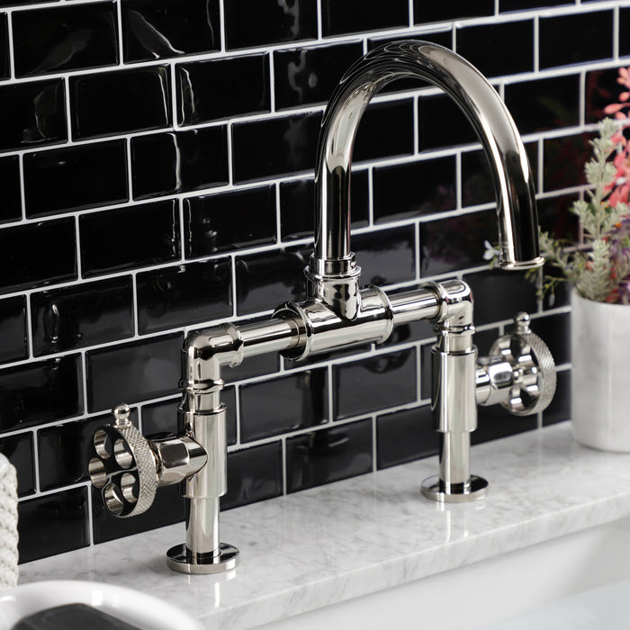 Kingston Sona KS2176RKX - Webb Two-Handle 2-Hole Deck Mount Bridge Bathroom Faucet with Knurled Handle and Push Pop-Up Drain, Polished Nickel